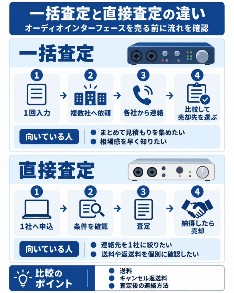 オーディオインターフェースの一括査定と直接査定の違いを、申込方法・連絡・売却までの流れで比較した図解