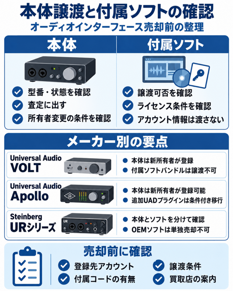 オーディオインターフェース本体と付属ソフトの譲渡条件を、Universal Audio VOLT・Apollo・Steinberg URシリーズ別に整理した図解