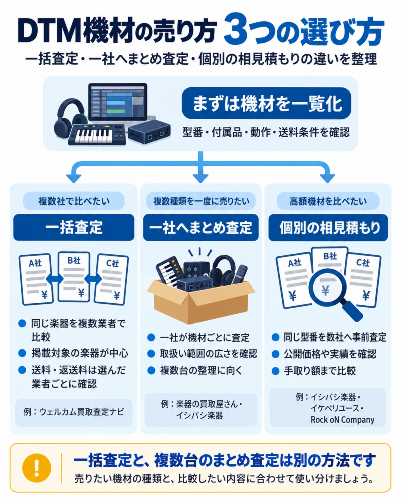 DTM機材の売り方3つの選び方をまとめた図解。一括査定、一社へまとめ査定、個別の相見積もりの違いを比較
