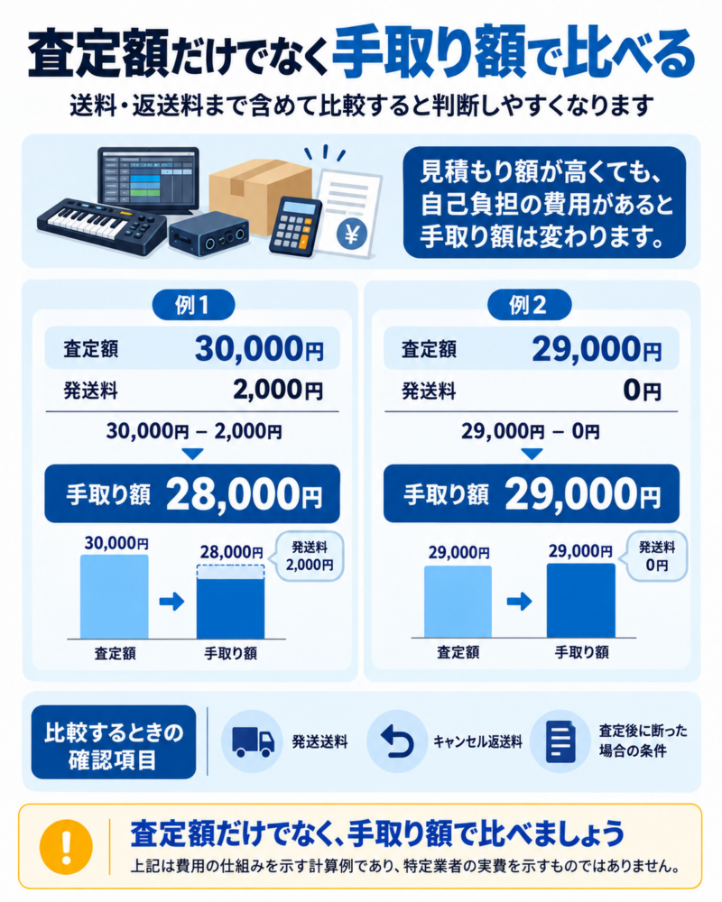 DTM機材の査定額と手取り額の違いを比較した図解。送料や返送料を含めて確認する考え方を示した計算例