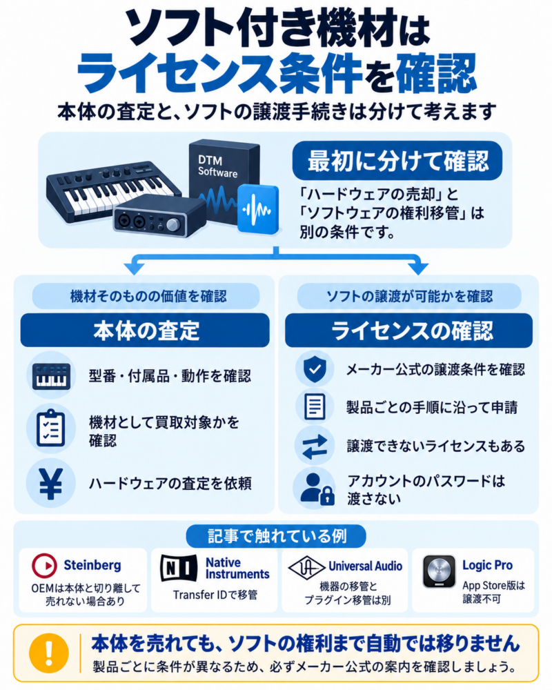 ソフト付きDTM機材を売るときのライセンス確認の流れをまとめた図解。本体査定とソフトの権利移管の違いを説明