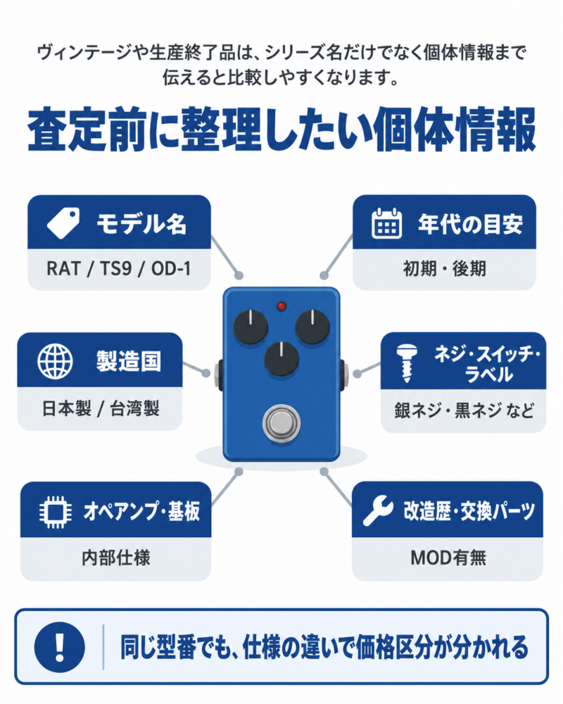 ヴィンテージや生産終了エフェクターの査定前に整理したい個体情報