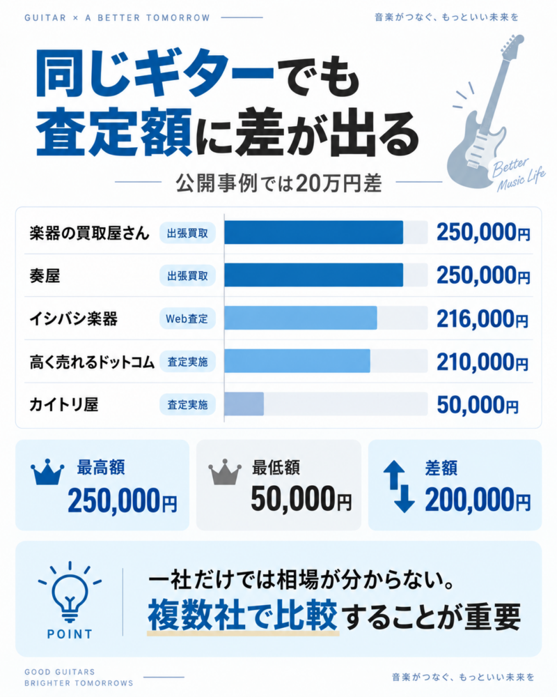 同じエレキギターでも買取店によって公開買取価格が変わる例を示した図