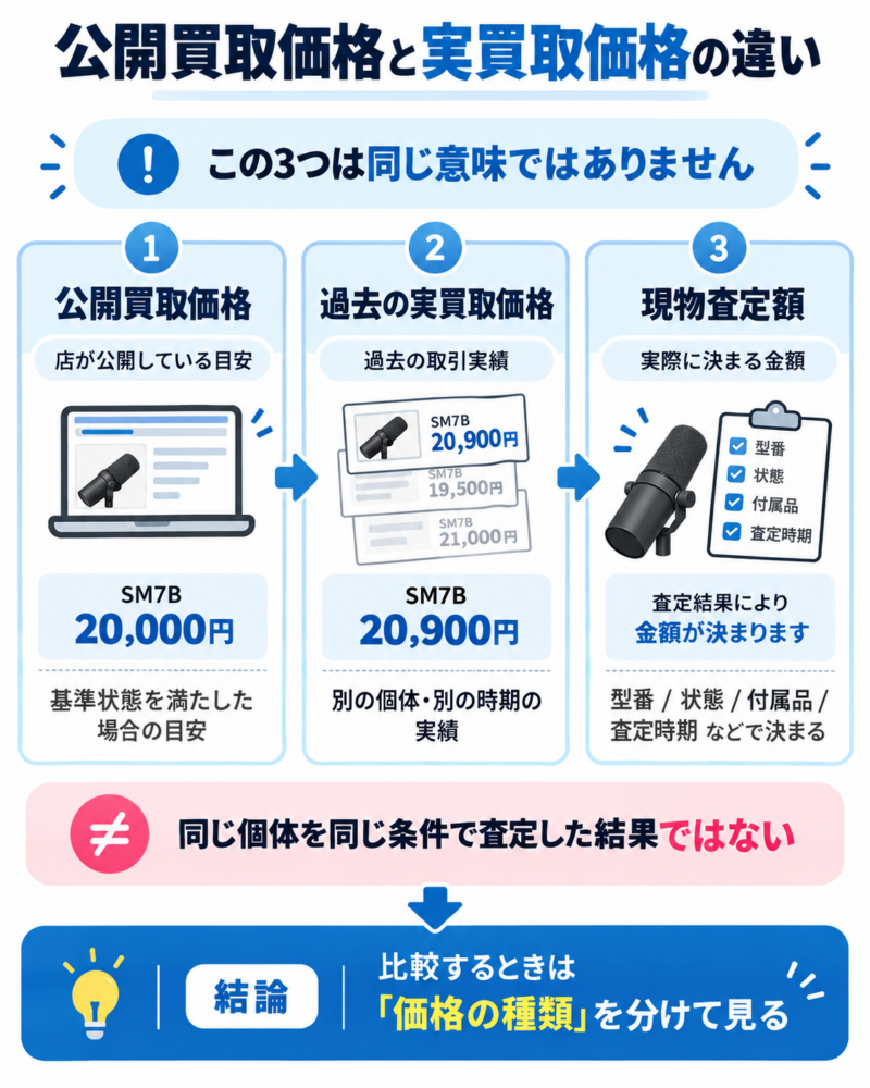 公開買取価格と過去の実買取価格、現物査定額の違いを示す図解。SM7Bの価格例は20,000円と20,900円