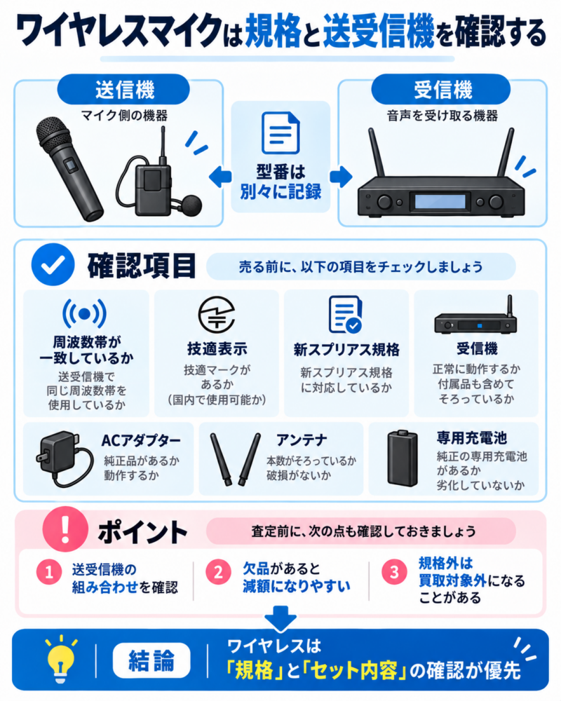 ワイヤレスマイクの送信機と受信機、周波数帯・技適表示・新スプリアス規格・付属品の確認項目をまとめた図解