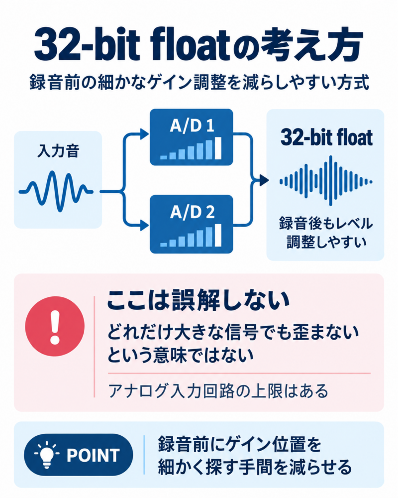 32-bit floatの考え方。2系統のA/D変換回路で幅広い入力レベルを扱い、録音後のレベル調整をしやすくする