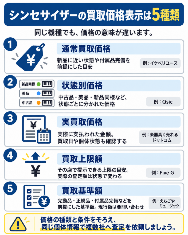シンセサイザーの通常買取価格・状態別価格・実買取価格・買取上限額・買取基準額の違いを解説した図解