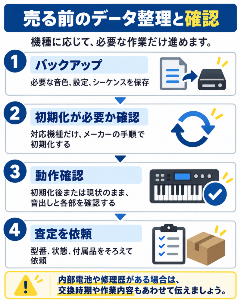 シンセサイザー売却前のバックアップ・必要に応じた初期化・動作確認・査定依頼までの流れ