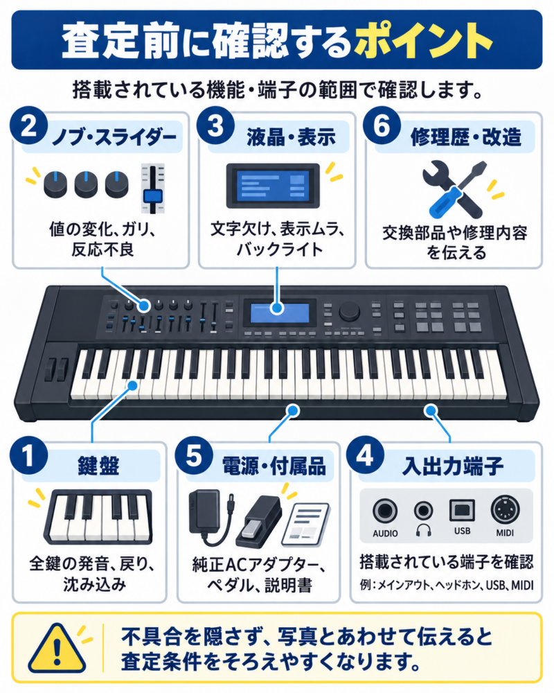 シンセサイザーの査定前に確認する鍵盤・ノブ・液晶・入出力端子・電源・付属品・修理歴のチェックポイント