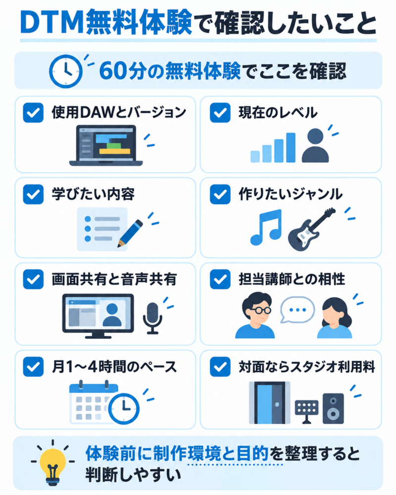 椿音楽教室のDTM無料体験で確認したい使用DAW・学習目的・受講環境