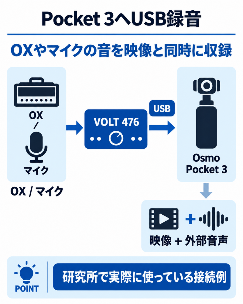 OXまたはマイクの音をVOLT 476へ入力し、背面USB-CからDJI Osmo Pocket 3へ送って録音する接続図